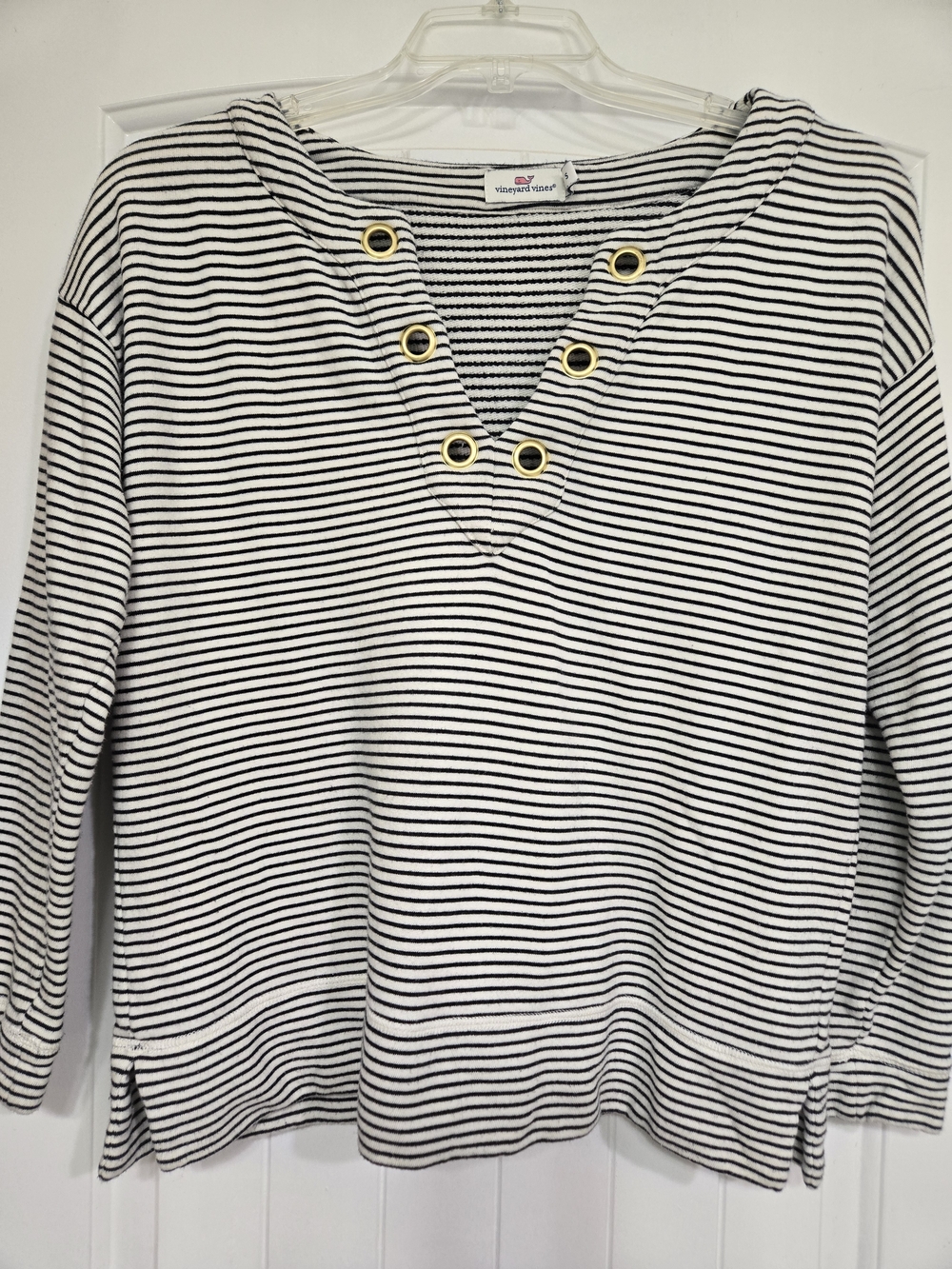 Vineyard Vines Black & White Striped Grommet V-Neck Pullover